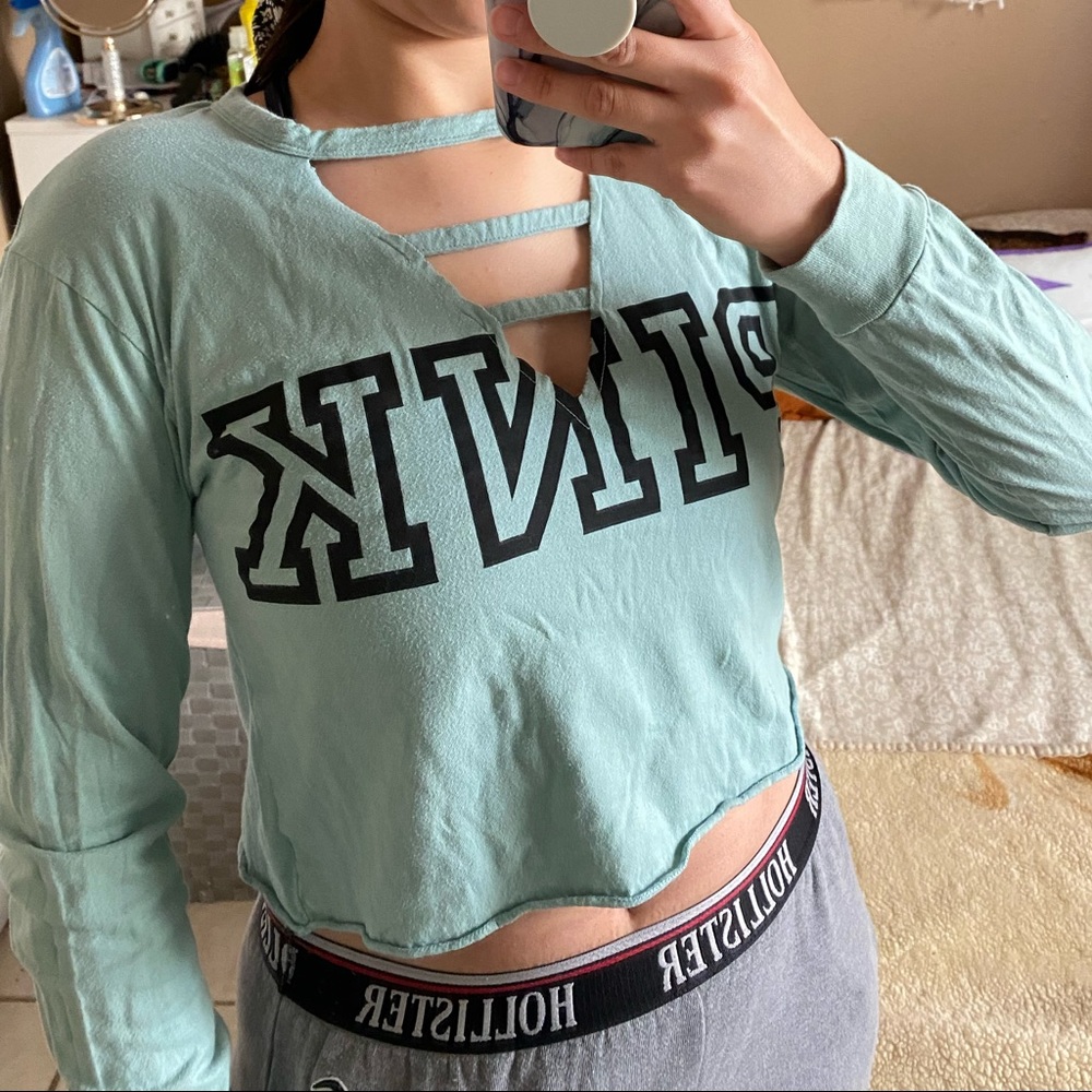 Pink Neckline Crop Long Sleeve Shirt Size XS